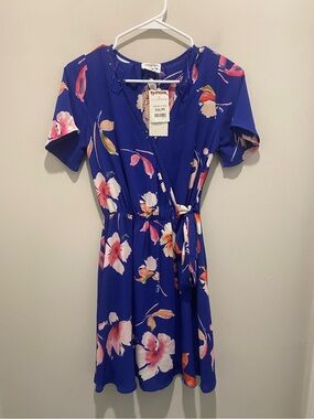 Sienna Sky Royal Blue Floral Wrap Mini Dress Wrap Around Women’s Size XS NWT